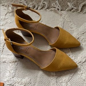 Mustard Suede Pointy Ankle Strap Block Heels